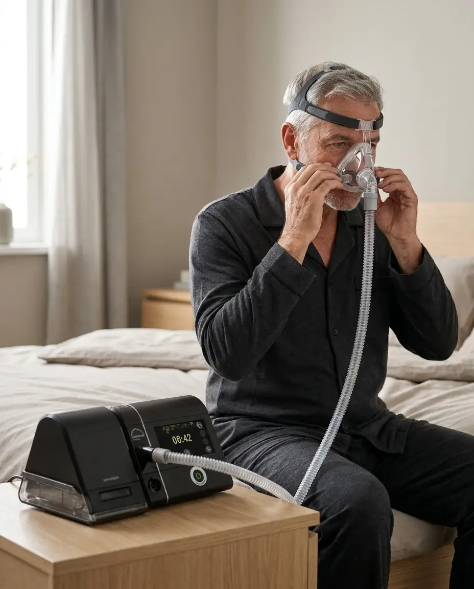 Muškarac namješta CPAP masku prije spavanja, Löwenstein prisma SMART uređaj uz krevet