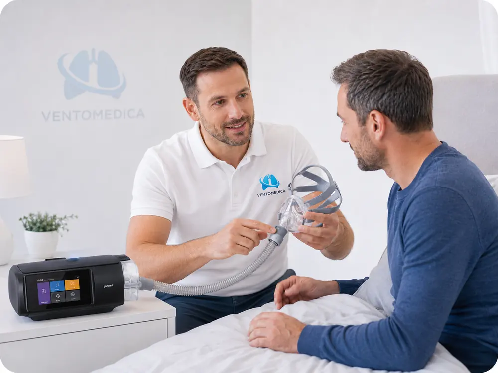 Ventomedica savjetnik objašnjava pacijentu CPAP uređaj i masku