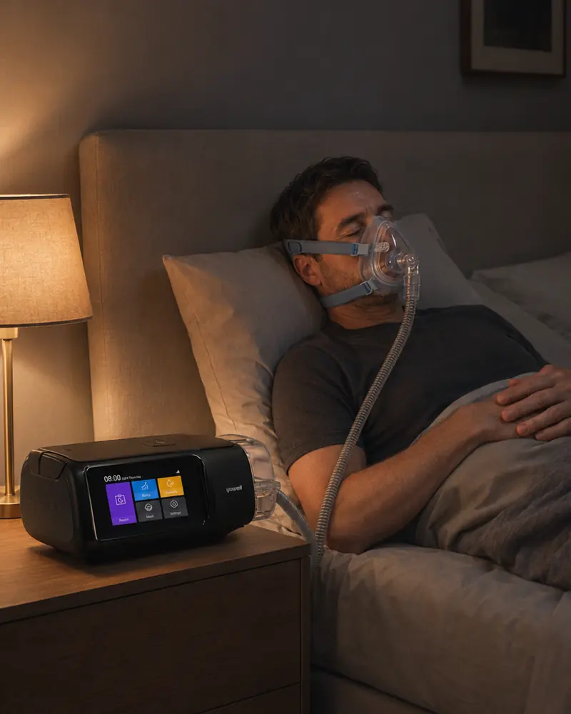 Korisnik mirno spava s CPAP maskom i uređajem na noćnom ormariću