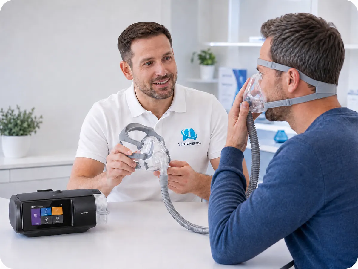 Ventomedica savjetnik pokazuje pacijentu pravilno postavljanje CPAP maske