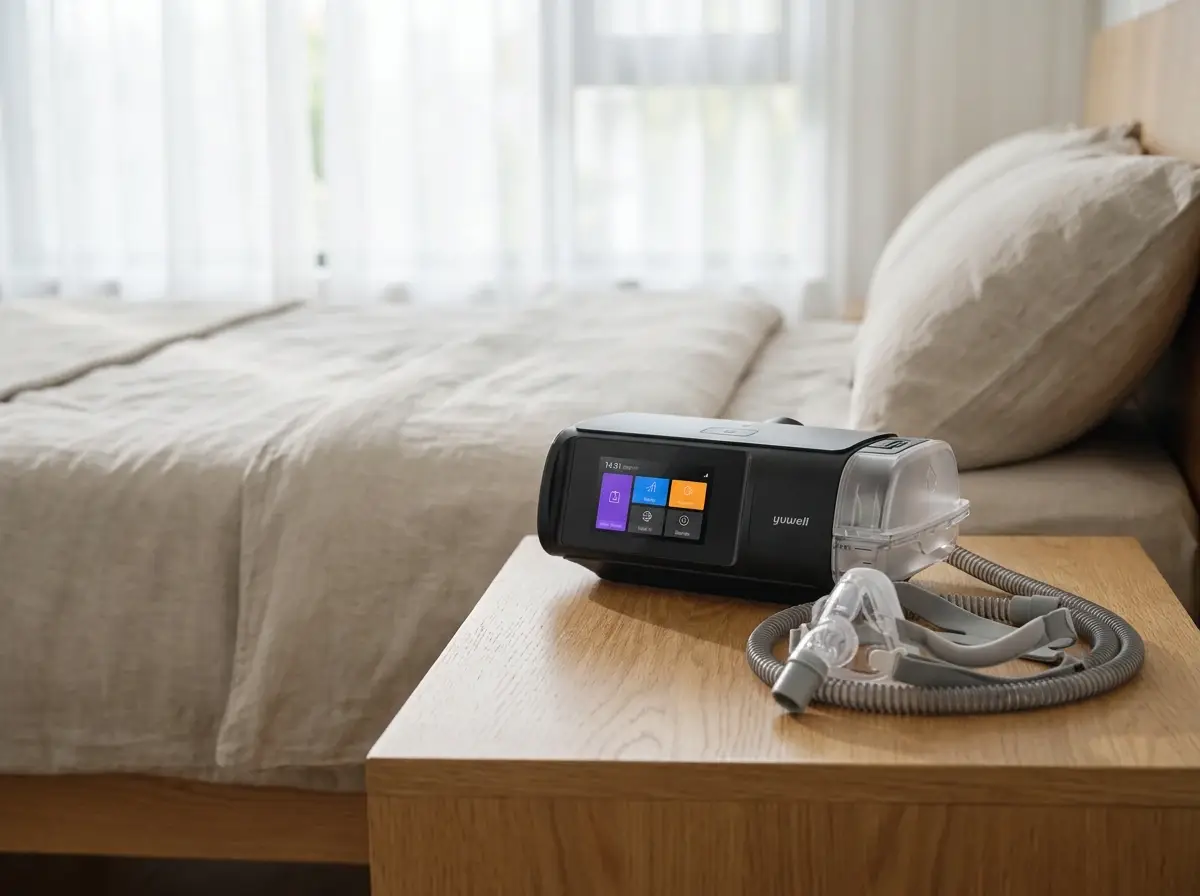 Yuwell Auto CPAP uređaj s maskom i cijevi na noćnom ormariću