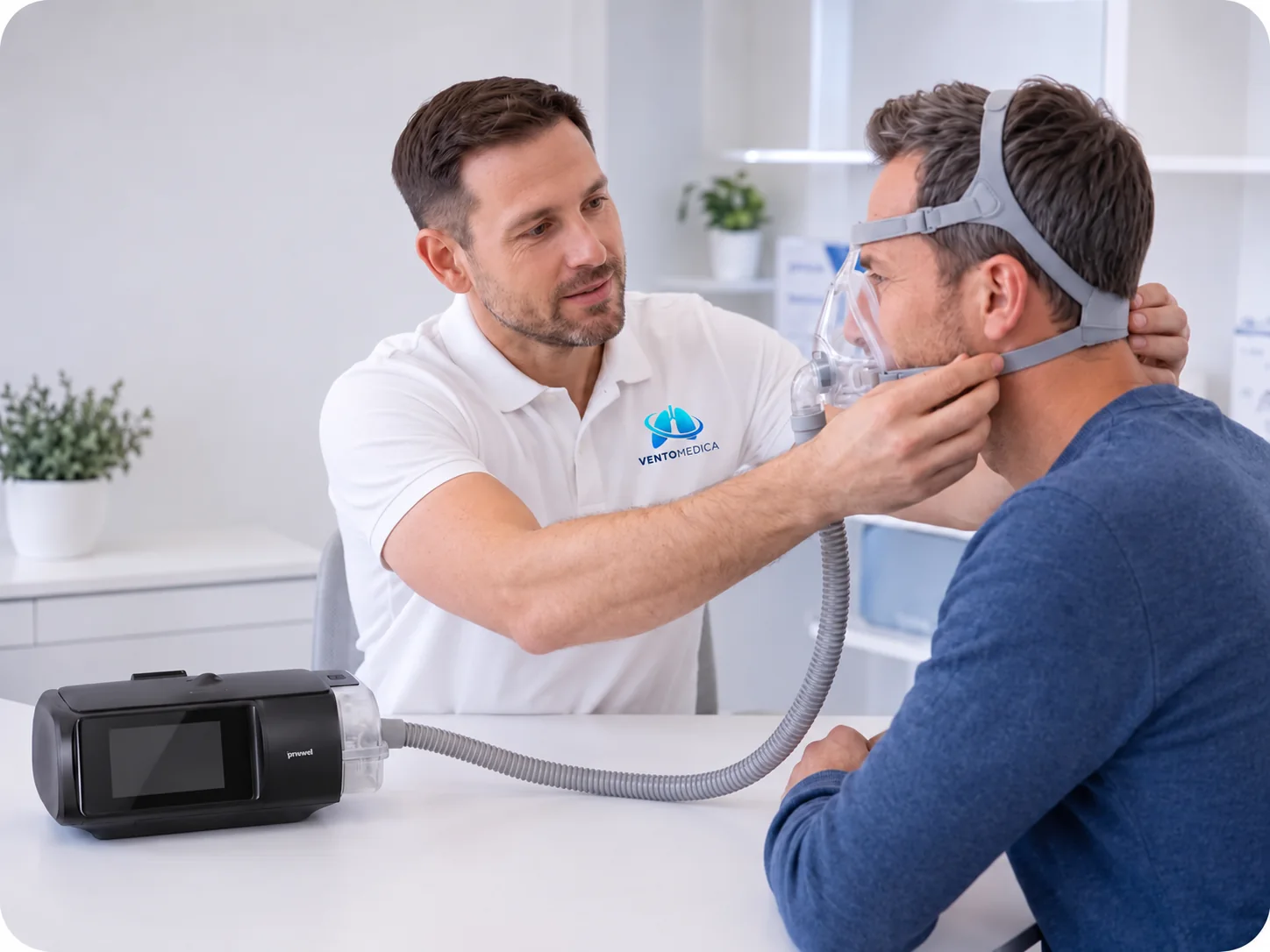 Ventomedica savjetnik pokazuje pacijentu pravilno postavljanje CPAP maske