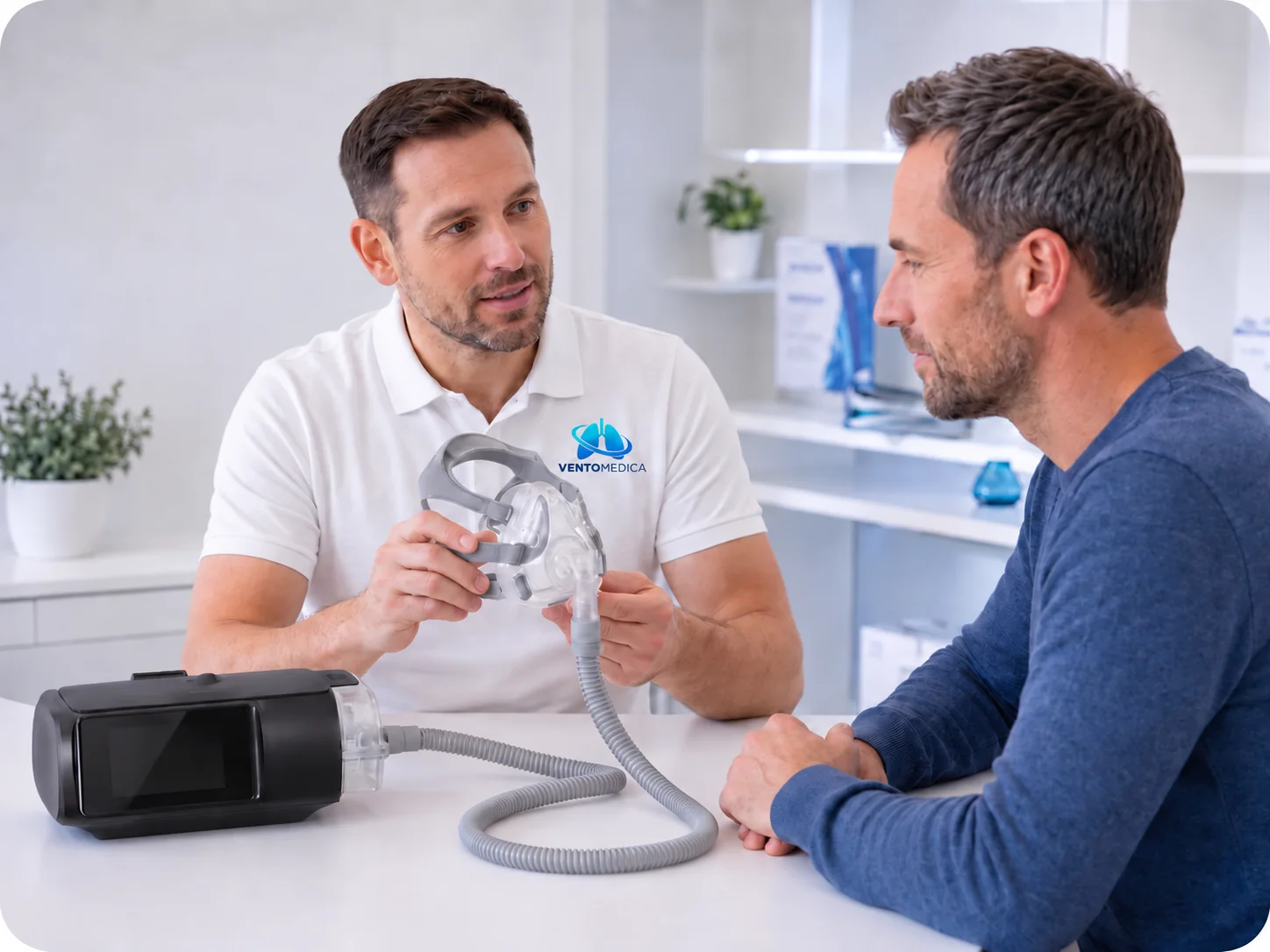 Ventomedica savjetnik objašnjava pacijentu CPAP uređaj i masku