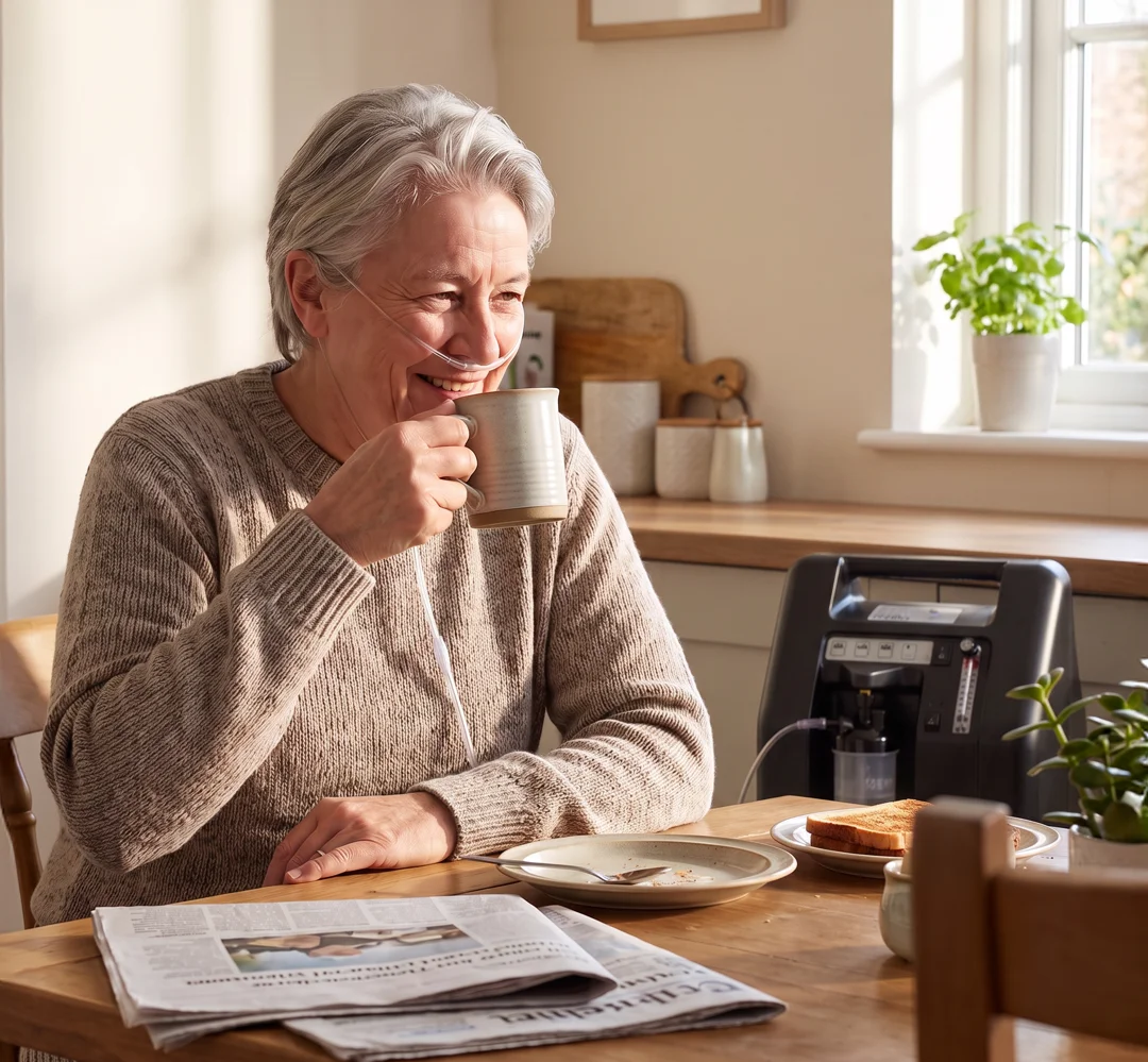 A woman using an oxygen concentrator at home over her morning coffee