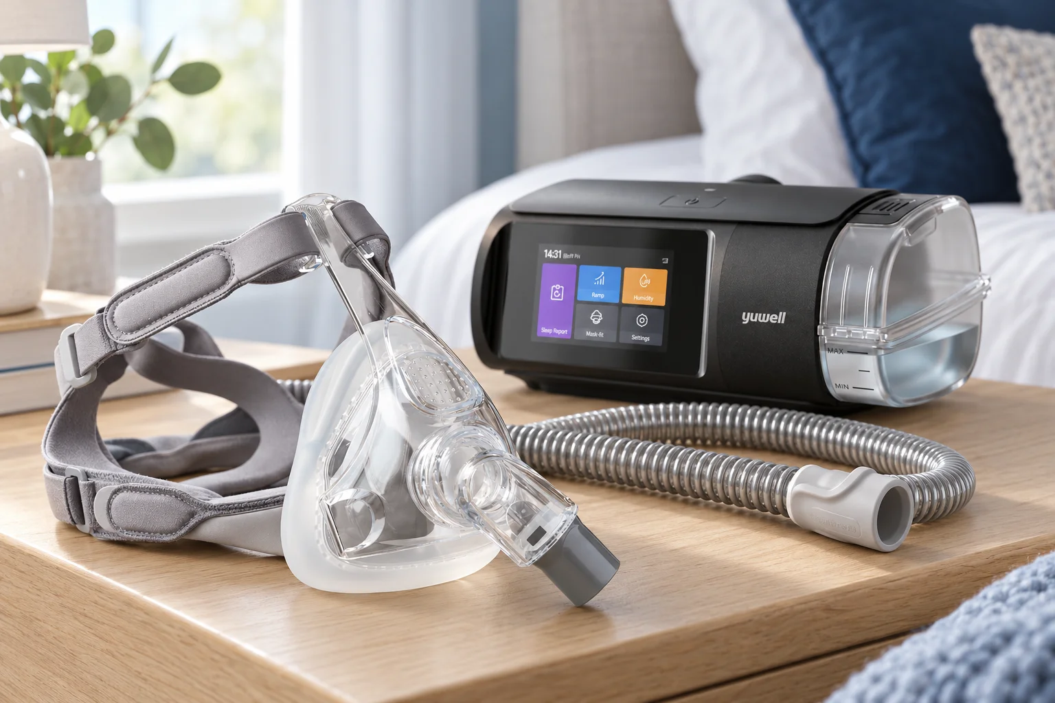 Yuwell Auto CPAP device with a full face mask on a bedside table